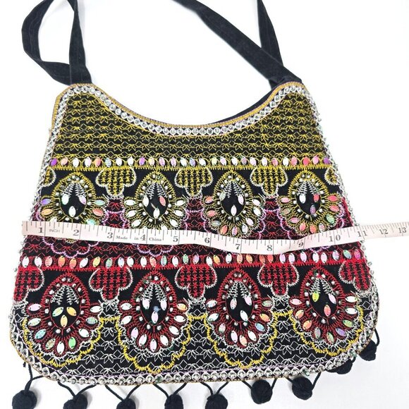 Vintage 90s Y2k Arcad Embellished Sequin Beaded Embroidered Black Shoulder Bag - Picture 7 of 8